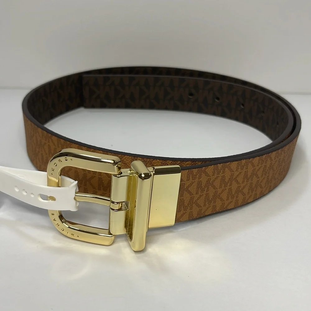 Michael Kors Reversible Women’s Belt Gold Buckle Signature MK Brown & Luggage.